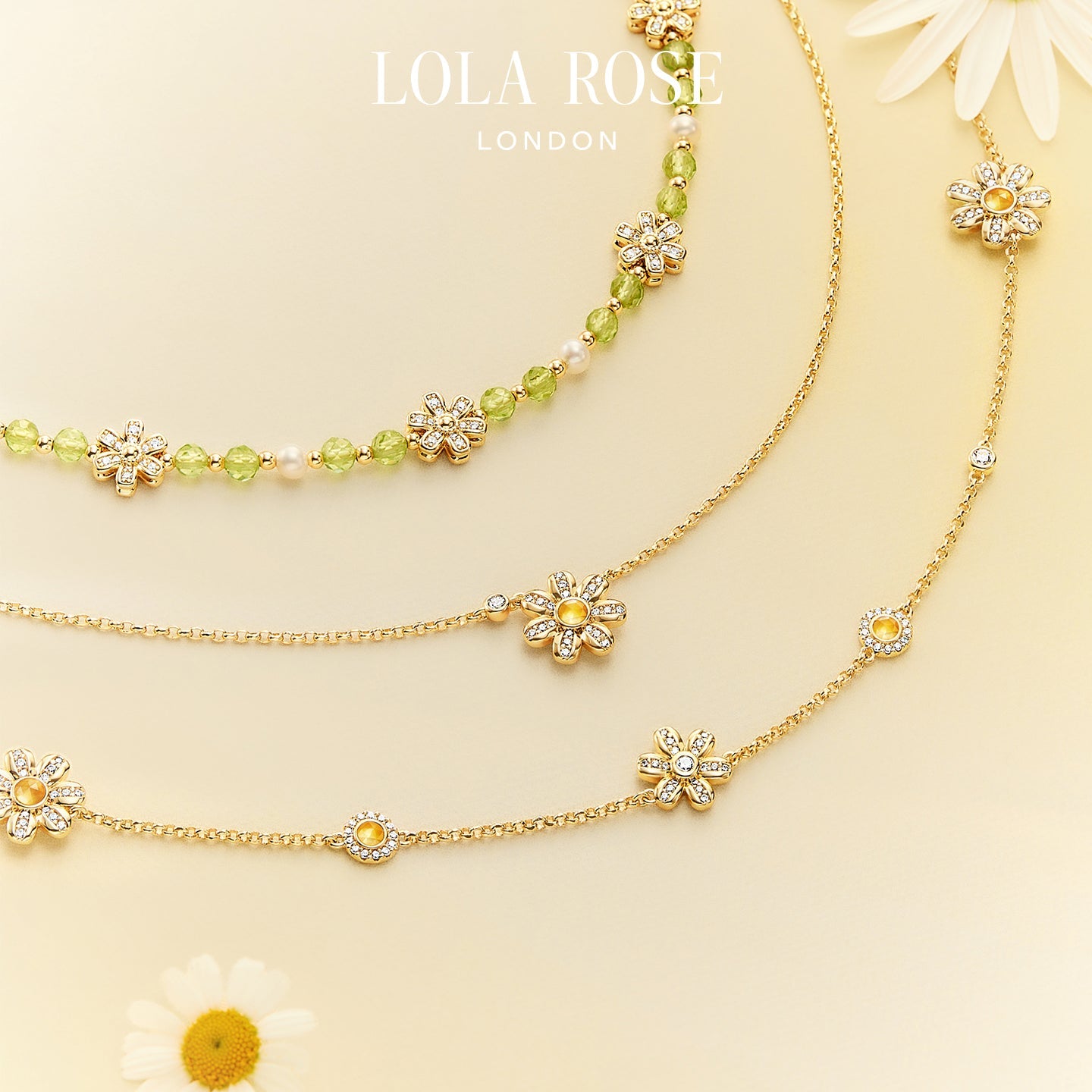 Daisy Yellow Crystal Necklace, 3-flower motif