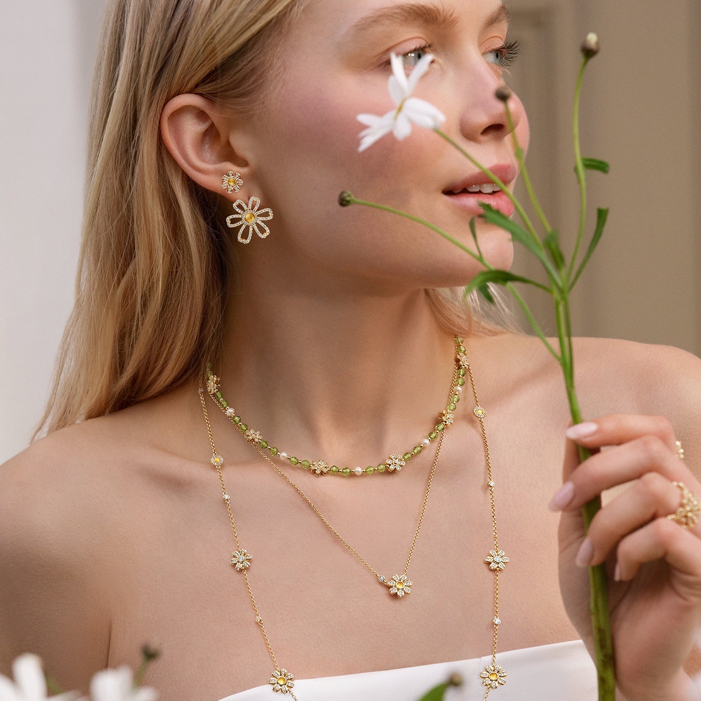 Daisy Yellow Crystal Beaded Necklace