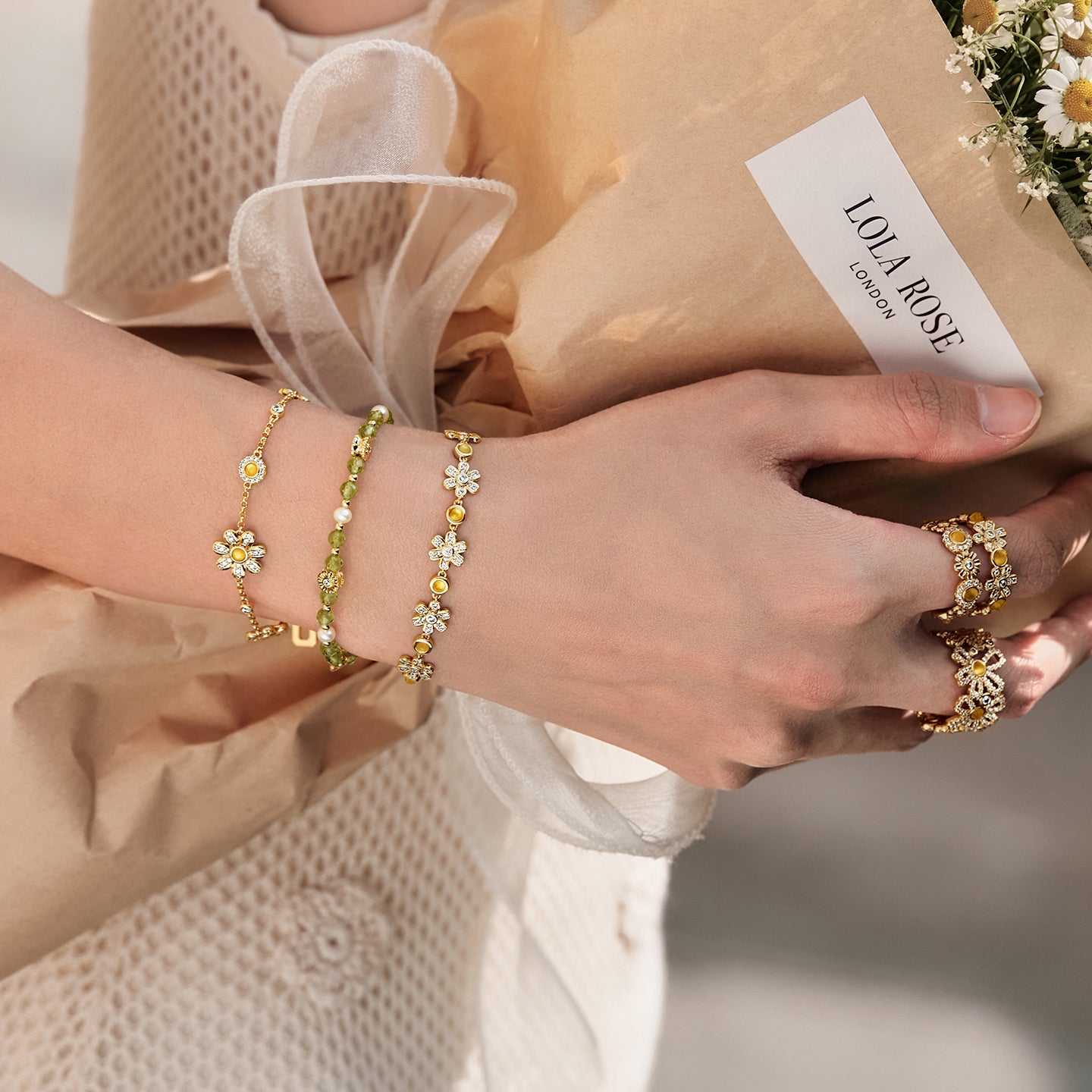 Daisy Yellow Crystal Beaded Bracelet