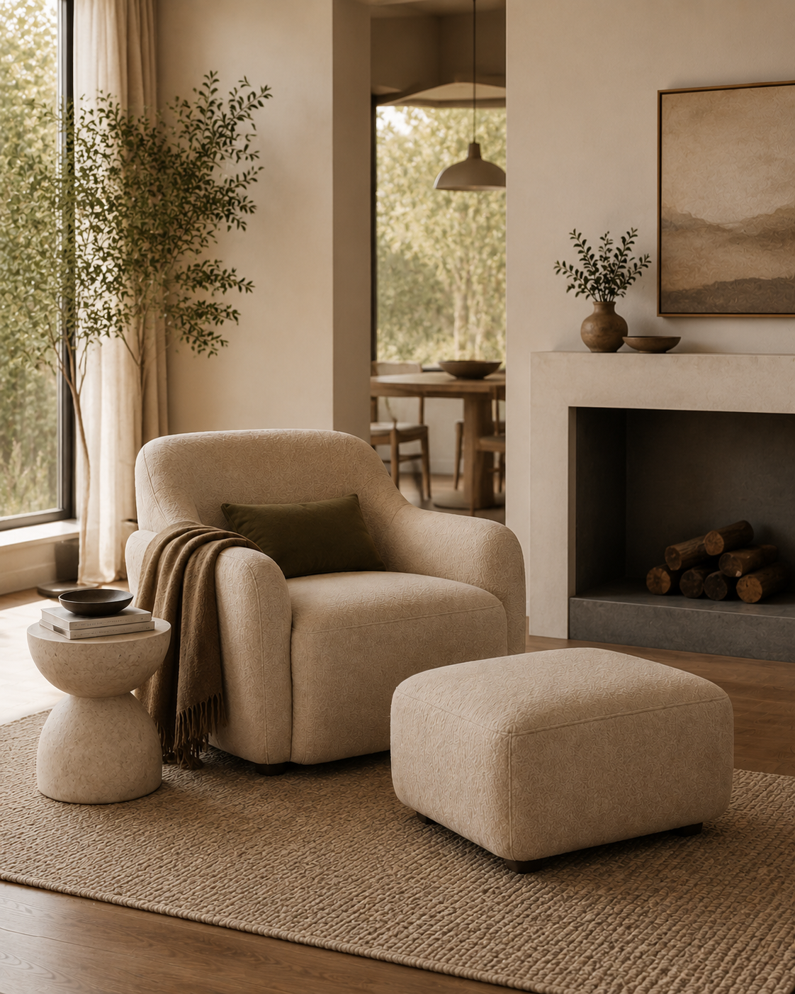 Marlow Accent Chair with Ottoman – Textured Upholstered Lounge Set