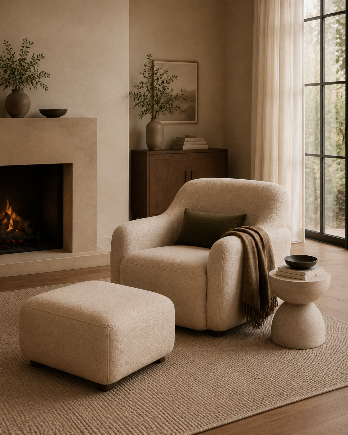 Marlow Accent Chair with Ottoman – Textured Upholstered Lounge Set